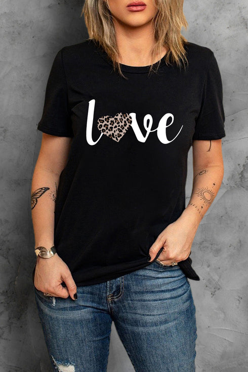 Black Love Leopard Heart Shape Print Short Sleeve T Shirt